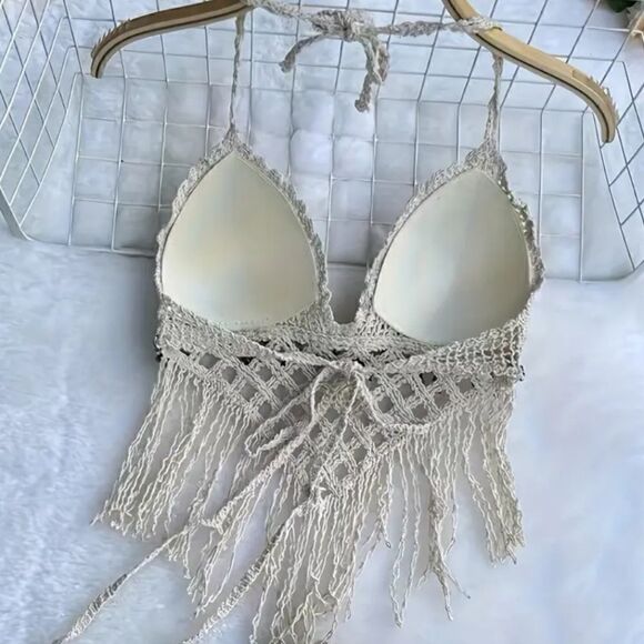 Crochet Halter Bra with Cropped Tassel Hem Summer Sleeveless Casual Top - Picture 5 of 8